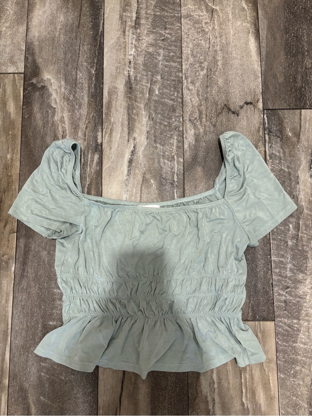 Super Down Off The Shoulder Smocked Peplum Short Sleeve Top Sage Sz S